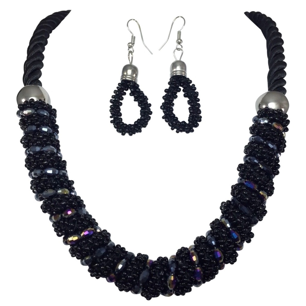 Black Bead Wrapped Thread Necklace Earrings Set